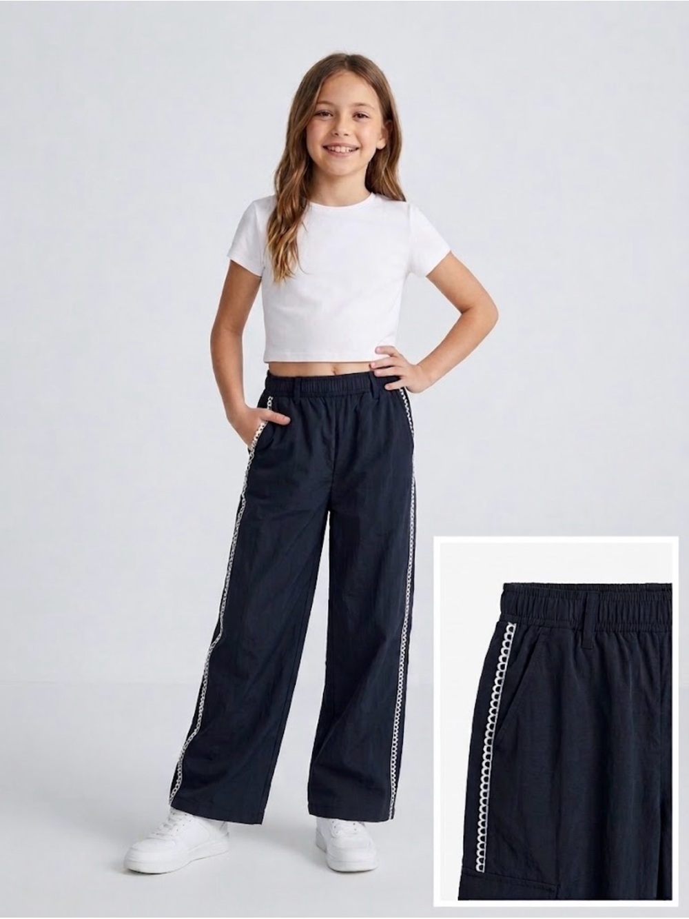 NWT Zara Girls Black Wide Leg Pants Embroidered Trim, 9-10 Years